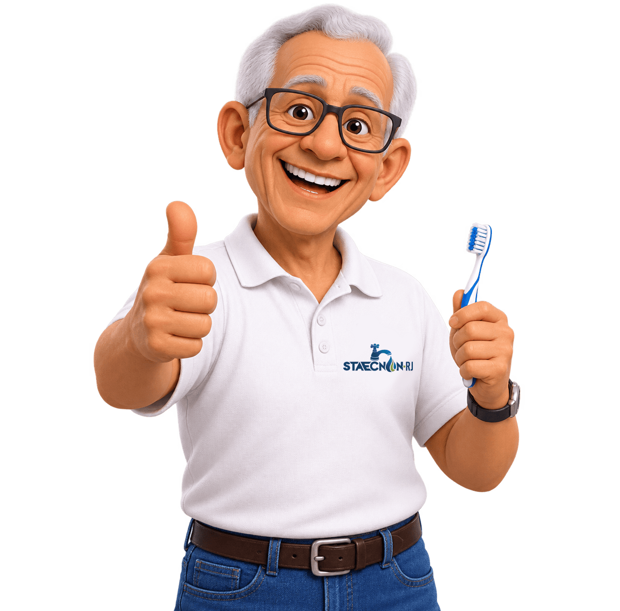 Mascote aposentado do STAECNON-RJ, sorrindo, com escova de dente e polegar para cima