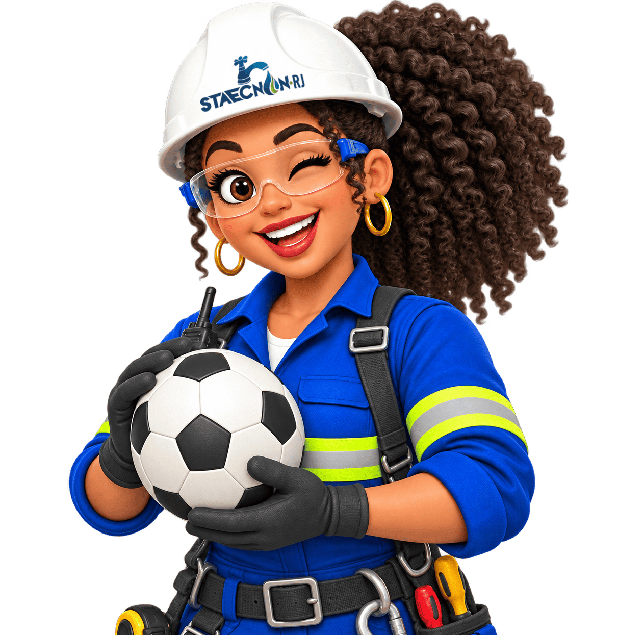 Gabi, mascote do STAECNON-RJ, segurando uma bola de futebol
