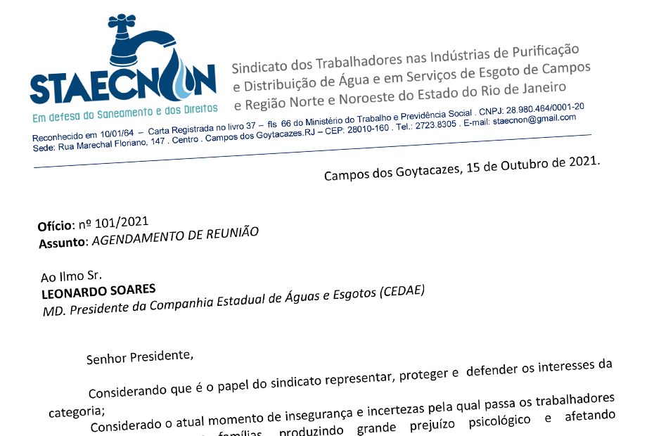 Staecnon/RJ reivindica reunião com a Cedae para tratar sobre a atual situação dos funcionários