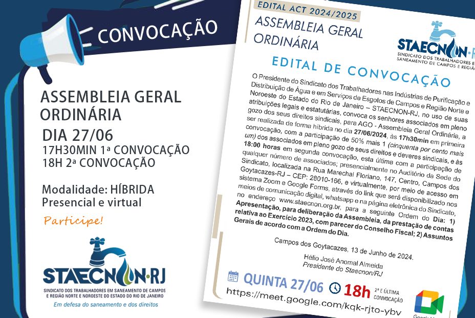 O Staecnon/RJ convoca associados para Assembleia Geral Ordinária