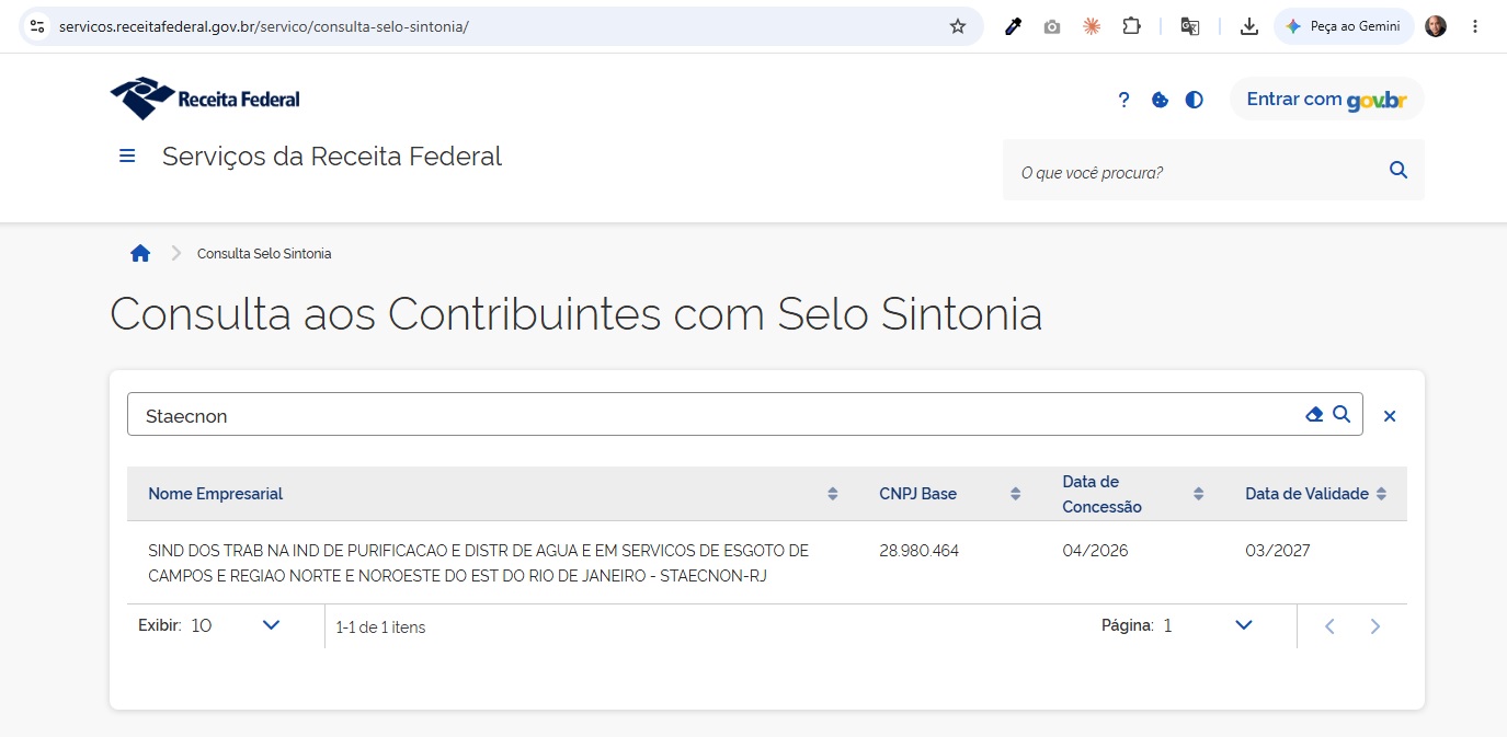 Print da consulta oficial da Receita Federal confirmando o Selo Sintonia A+ do STAECNON-RJ